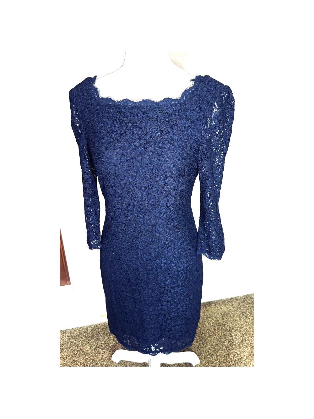 Adrianna Papell Navy‎ Blue Lace Formal Dress Sheath Cocktail Party Wedding Sz 6P